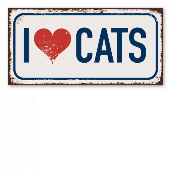 Retroschild / Vintage-Textschild I love cats - mit Herz