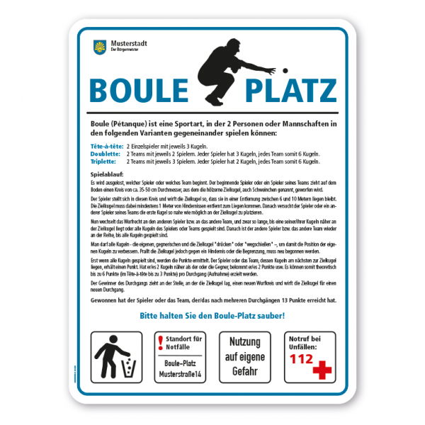 Spielplatzschild / Pétanque-Schild - Boule-Platz mit Spielregeln und 4 frei zu wählenden Piktogrammen – Schilderserie SP-02-B