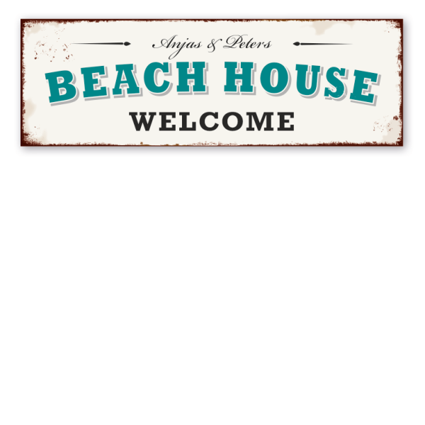 Retro Schild Beach House - Welcome - mit Ihrem Namenseindruck