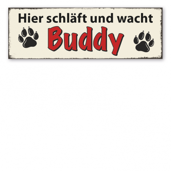 Retro Namensschild für Hundehütten - Hier schläft und wacht - mit Ihrem Wunschnamen – Hundeschild