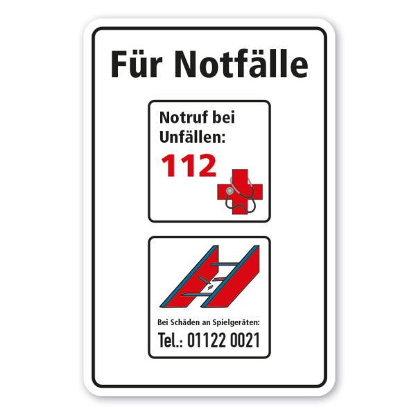 Spielplatz-Zusatzschild Für Notfälle - Notruf 112 - Tel.-Nr. bei Schäden an Spielgeräten - Schilderserie SP-01