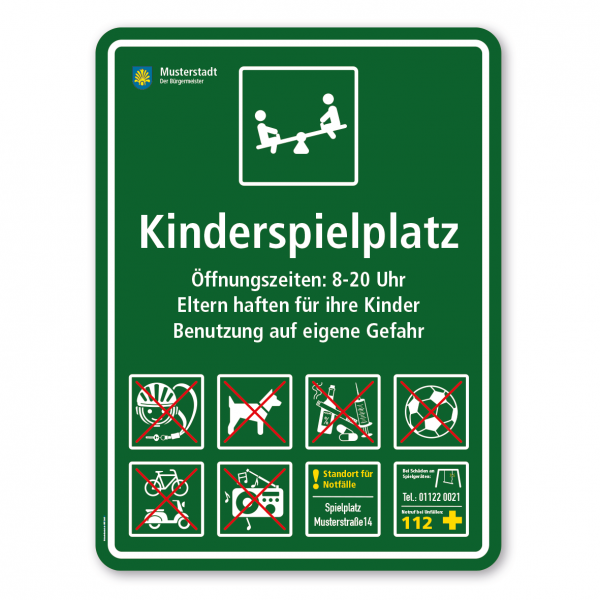Spielplatzschild - Kinderspielplatz - mit Wippe - mit 8 frei zu wählenden Piktogrammen – Schilderserie SP-03