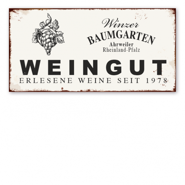 Retro Farmhouse-Schild Weingut - Erlesene Weine - mit Ihrem Namen, Standort und Jahresangabe