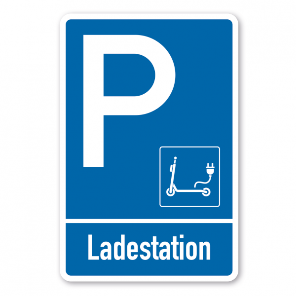 Parkplatzschild Ladestation E-Scooter - Elektroroller - einzeilig mit kleinem Piktogramm - Verkehrsschild