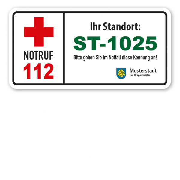 Schild zum Standort im Notfall - mit Notrufnummer 112 und Ihrer Standortangabe