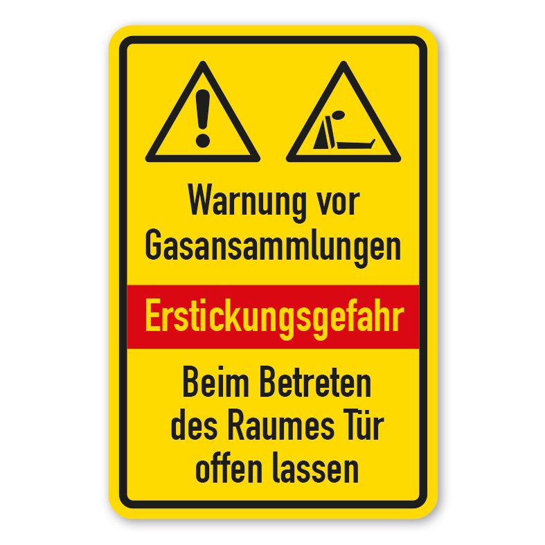 Warnschild Warnung vor Gasansammlungen - Erstickungsgefahr - Beim Betreten  des Raumes Tür offen lassen