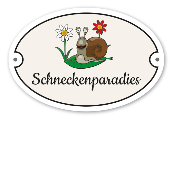 Gartenschild Schneckenparadies – ovale Ausführung mit 2 Löchern