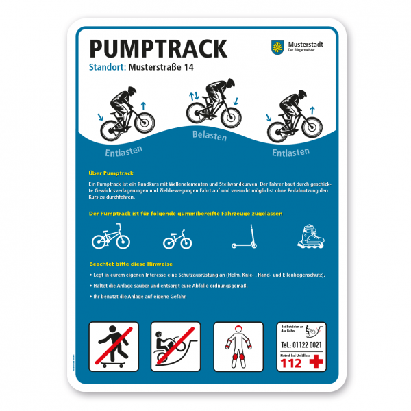 Sportplatzschild - Pumptrack mit 4 frei zu wählenden Piktogrammen – Schilderserie SP-02-B