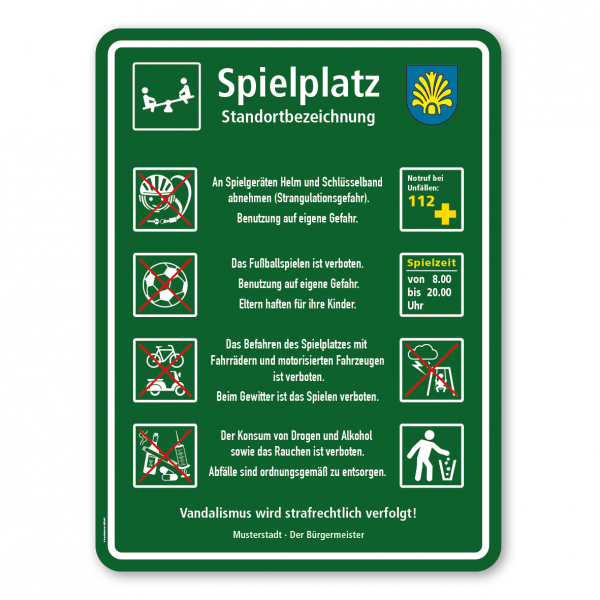 Spielplatzschild - Spielplatz - mit Wippe und großem Gemeindewappen - mit Zusatztexten und 8 frei zu wählenden Piktogrammen – Schilderserie SP-03