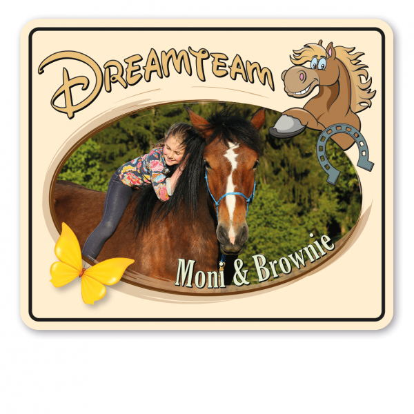 Hochwertiges Pferdeschild Dreamteam - mit Ihrem Photo und Namenseindruck