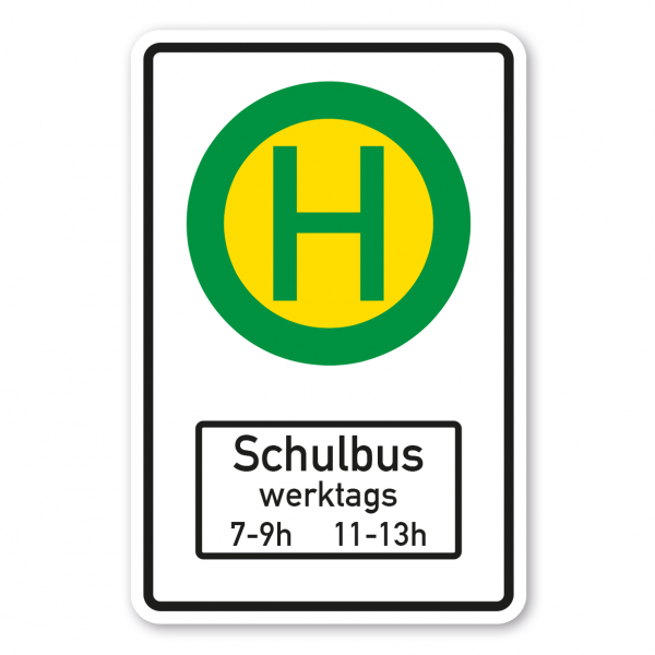 Verkehrsschild Haltestelle für Straßenbahnen oder Linienbusse mit Symbol VZ 224 und Zusatzzeichen Schulbus - Kombi