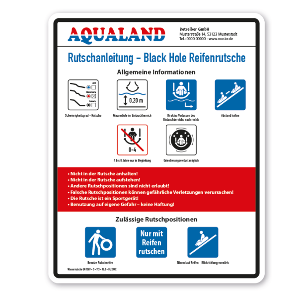 Schild für Wasserrutschen - Rutschanleitung für Reifenrutschen - nach DIN EN 1069 - Sondergröße