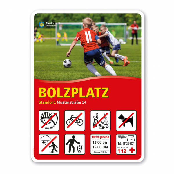 Spielplatzschild - Bolzplatzschild mit 8 frei zu wählenden Piktogrammen – Schilderserie SP-02