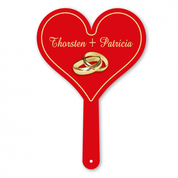 Formschild Hochzeit – Namen des Brautpaares – Motivschild in Herzform - mit Ringen