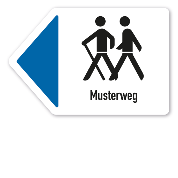 Pfeilschild zur Kennzeichnung von Wanderwegen in 7 Farben mit Wunschtext – linksweisend