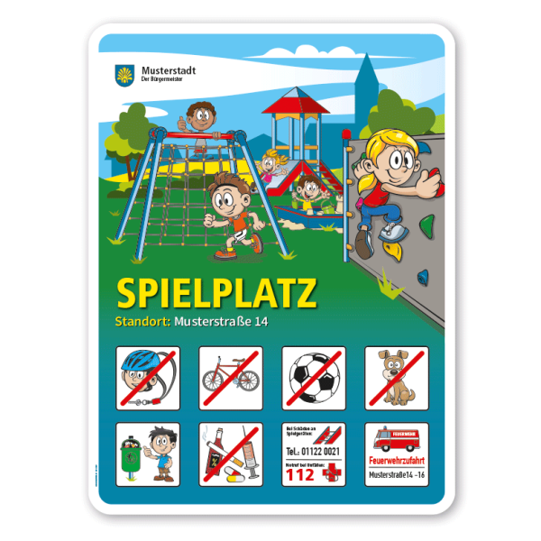 Spielplatzschild Spielplatz - Kletterwand - mit 8 frei zu wählenden Piktogrammen – Schilderserie SP-01