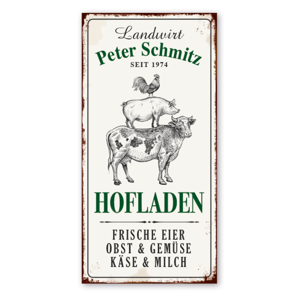 Retro Farmhouse-Schild Landwirtschaft - Hofladen - mit Ihrem Namen und Ihrer Jahresangabe sowie Wunschtext