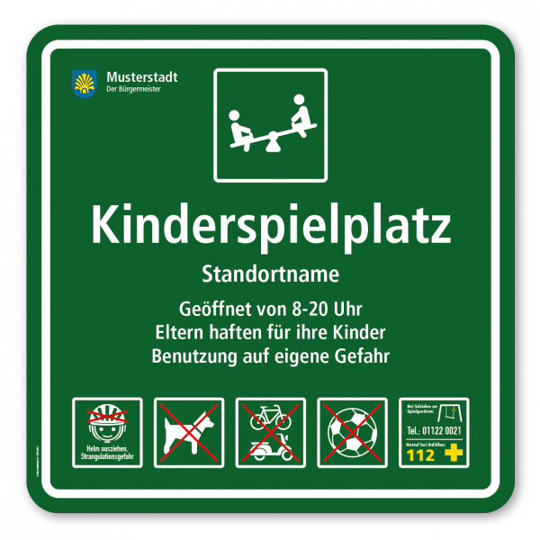 Spielplatzschild - Kinderspielplatz - mit Wippe - mit 5 frei zu wählenden Piktogrammen - quadratisch – Schilderserie SP-03