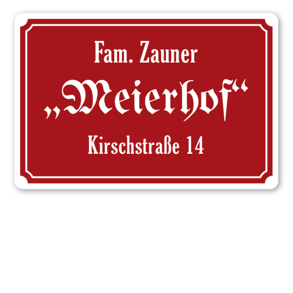 Hoftafel mit Familien- und Hofnamen sowie Adresse - rechteckige Ausführung (negativ) in drei Farbvarianten