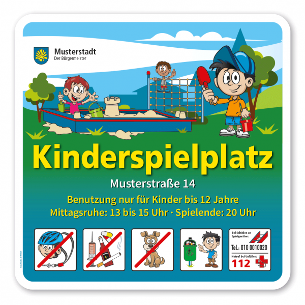 Spielplatzschild Kinderspielplatz mit Sandkasten - mit 5 frei zu wählenden Piktogrammen - 600 x 600 mm – Schilderserie SP-01