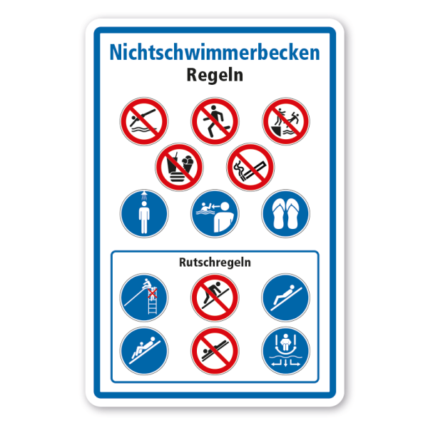 Schild Nichtschwimmerbecken- und Rutschregeln - mit Sicherheitszeichen