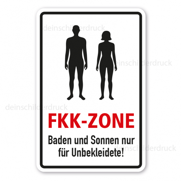 Hinweisschild FKK-Zone - Baden und Sonnen nur für Unbekleidete - Mann und Frau
