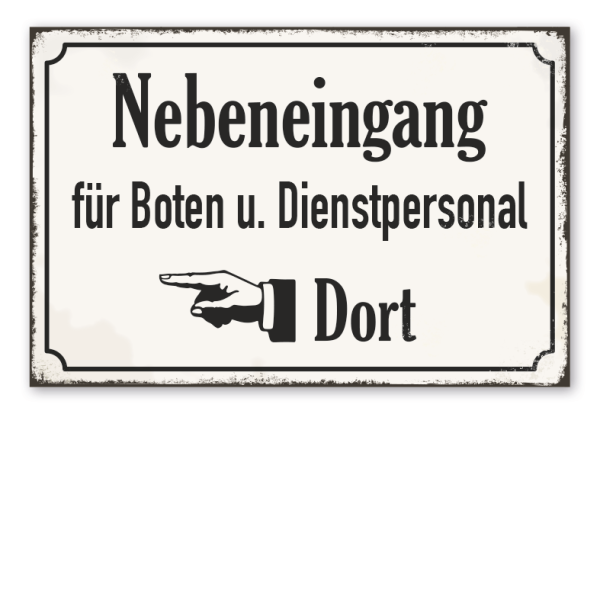 Retro Schild Nebeneingang für Boten und Personal - links- und rechtsweisend – mit Hand