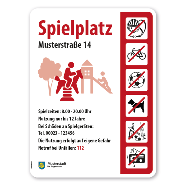 Spielplatzschild - Federwippe mit 6 frei zu wählenden Piktogrammen – Schilderserie SP-05