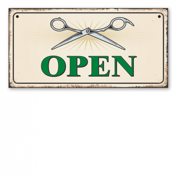 Retroschild / Vintage-Schild für Frisöre - Open - Closed – Öffnungsschild – einseitig oder beidseitig mit zwei Löchern zum Aufhängen