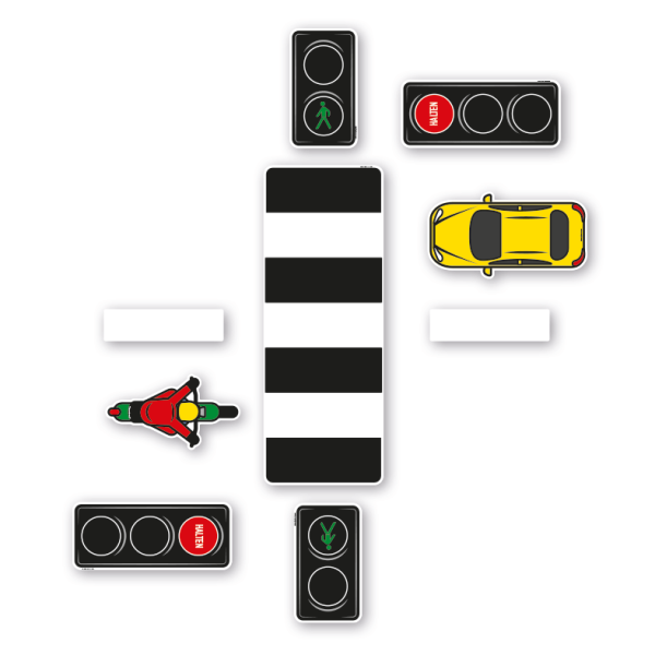 Mehrteiliger Bodenkleber - Fußgängerüberweg - Zebrastreifen mit Ampeln - Bewegungspfad-Set - BWP-02-SET-05 – Verkehrserziehung