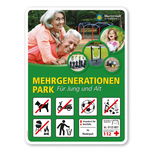 Spielplatzschild - Mehrgenerationenpark mit 8 frei zu wählenden Piktogrammen – Schilderserie SP-02