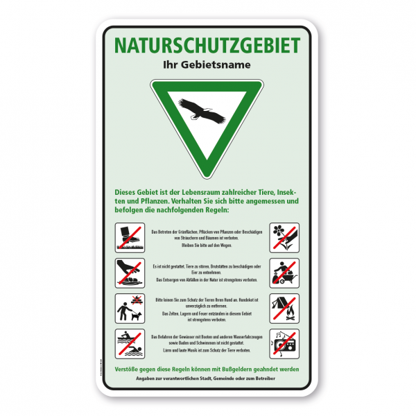 Tier- und Naturschutzschild Naturschutzgebiet mit 8 Piktogrammen - 500 x 850 mm