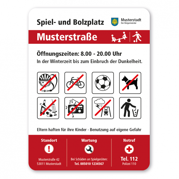 Spielplatzkennzeichnung Spiel- und Bolzplatz mit 8 frei zu wählenden Piktogrammen – Spielplatzschild der Serie SP-02-C