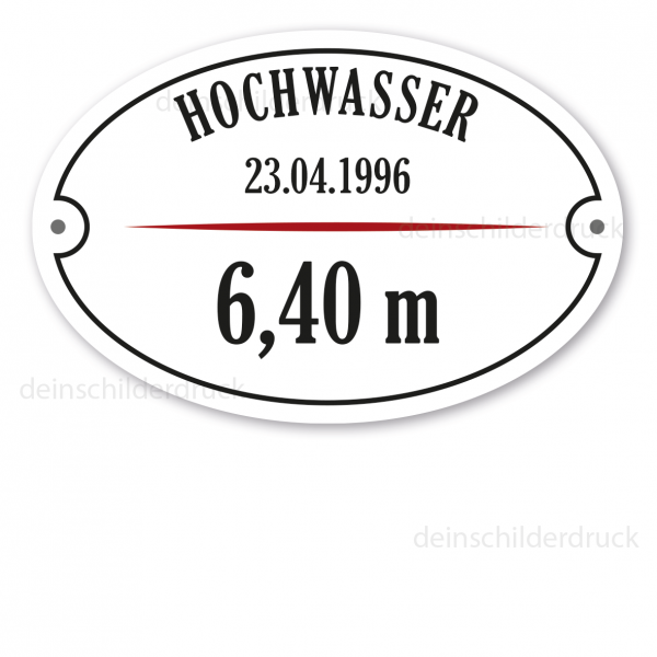 Hochwassermarke - Hochwasserschild mit Ihren Daten – ovale Ausführung mit 2 Löchern