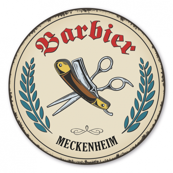 Maibaumschild / Festschild Barbier - mit Berufsnamen und Ihrem Ortsnamen oder Wunschtext - Rundes Wappen - Retro