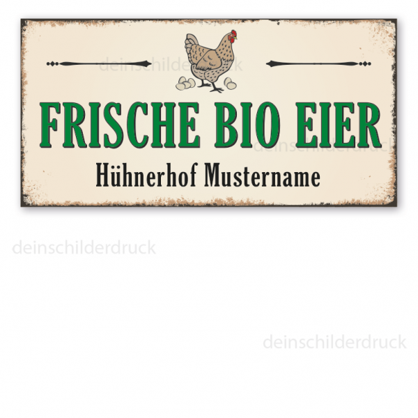 Hofschild in Retro-Ausführung – Frische Bio Eier - mit Ihrem Namenseindruck – mit Abbildung Huhn