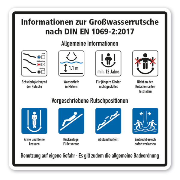 Schild für Wasserrutschen - Informationen zur Großwasserrutsche nach DIN EN 1069-2:2017