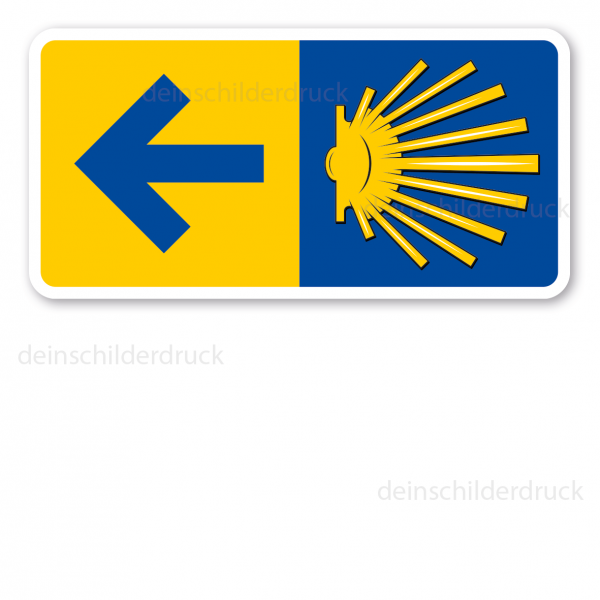 Wegweiser Jakobsweg - Pilgerweg mit Jakobsmuschel und blauem Richtungspfeil auf gelbem Feld – linksweisend