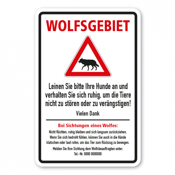 Warnschild Wolfsgebiet mit Verhaltenshinweisen und Tel-Nr. des Wolfsbeauftragten - Kombi