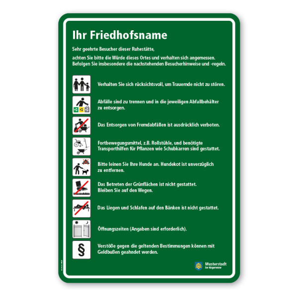 Friedhofsschild mit 9 Piktogrammen - 660 x 980 mm