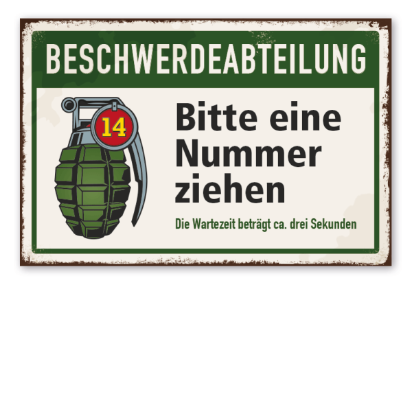 Retro Schild Beschwerdeabteilung - Bitte eine Nummer ziehen