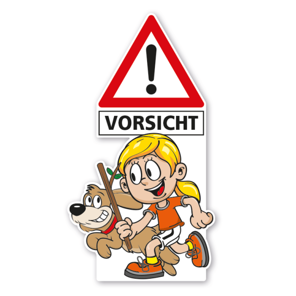 Kinderschild als Standfigur - Vorsicht - mit einem Kind und Hund - Schilderserie SP-01