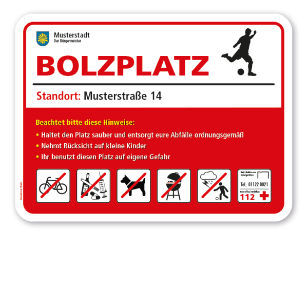 Spielplatzschild - Bolzplatz mit 6 frei zu wählenden Piktogrammen – Schilderserie SP-02-B