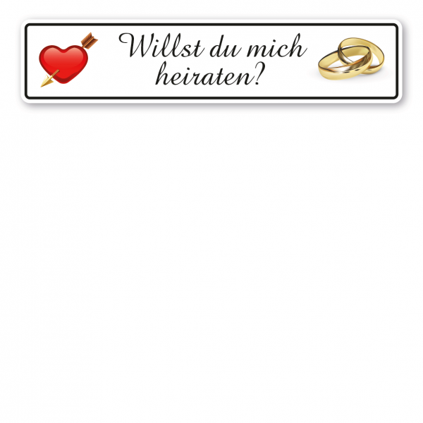 Hochzeitsschild Willst du mich heiraten? – mit goldenen Ringen und rotem Herz