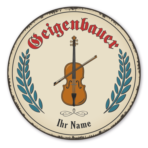 Maibaumschild / Festschild mit Zunftwappen Geigenbauer - Musikinstrumentbauer - mit Zunftnamen und Ihrem Ortsnamen oder Wunschtext - Rundes Wappen - Retro