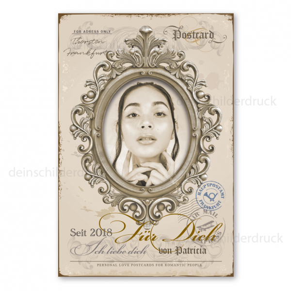 Retroschild im Stil einer nostalgischen Postkarte - Postcard - Rahmen Barock - mit Ihrem Foto und Ihrem Wunschtext - Hochformat