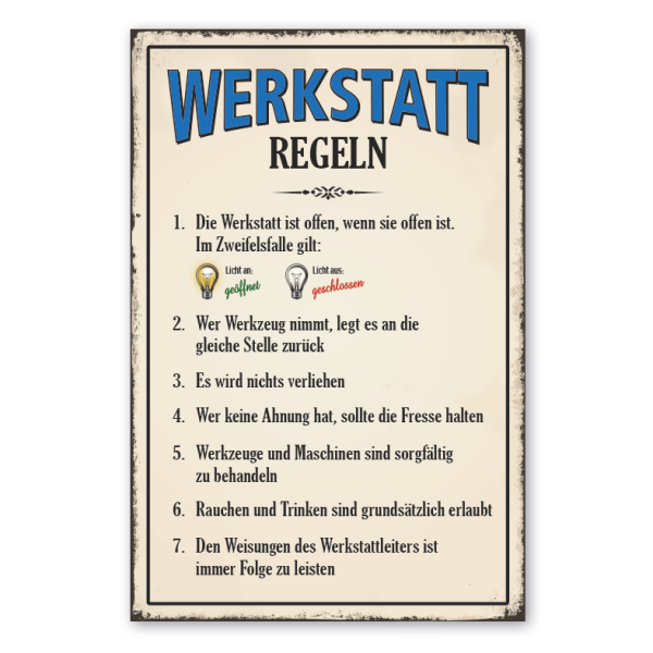 Retro Schild Werkstattregeln