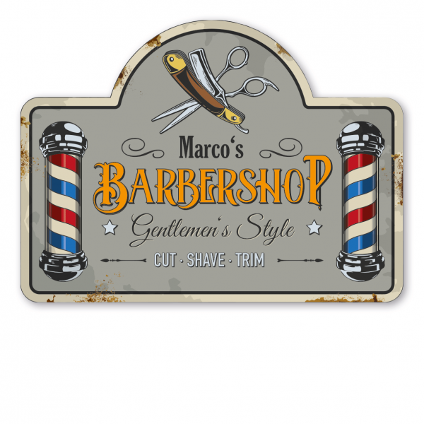 Retroschild / Vintage-Schild Barbershop – mit Ihrem Namenseindruck – Gentlemen's Style - Cut - Shave - Trim - Barber-Schild, Frisörschild