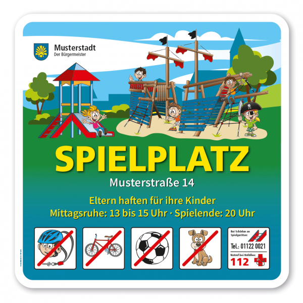 Spielplatzschild Spielplatz mit Piratenschiff / Spielschiff - mit 5 frei zu wählenden Piktogrammen - 600 x 600 mm – Schilderserie SP-01