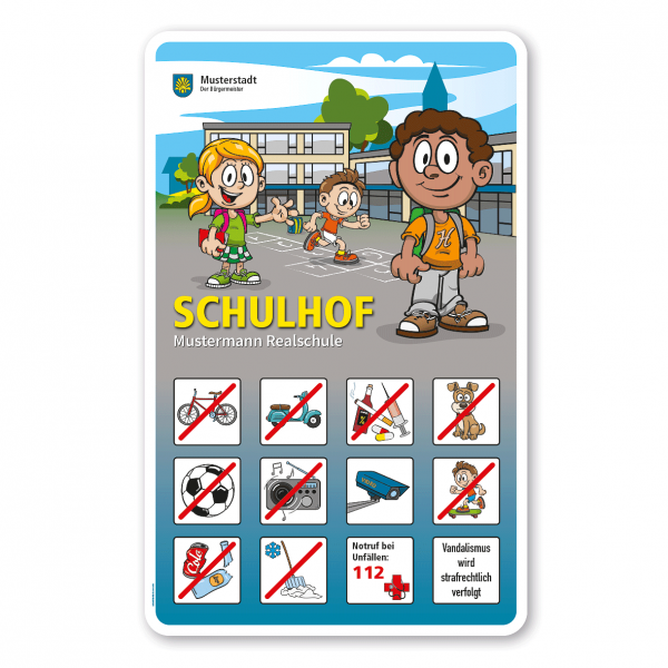 Schulhofschild mit 12 frei zu wählenden Piktogrammen – Schilderserie SP-01